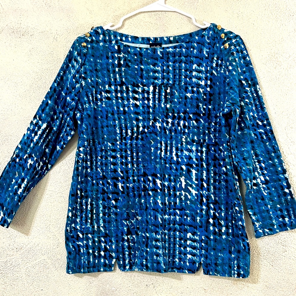 Rafaella 3/4 length sleeve blue,black and light blue houndstooth print top